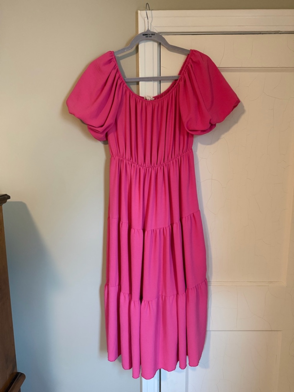 Bright Pink Puff Sleeve Tiered Midi Dress